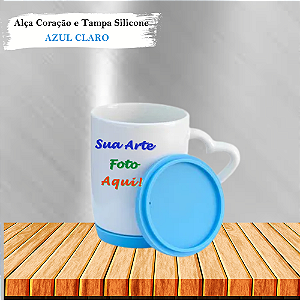 Caneca Personalizada Branca com Tampa e Base de Silicone Colorido Cerâmica.