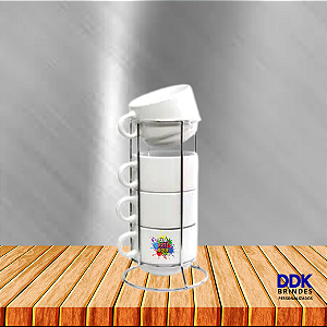 Kit 4 Xícaras Personalizada, Cerâmica 180 ml e Suporte de Metal