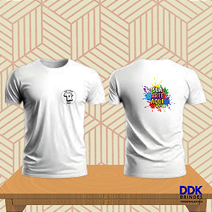 Camiseta Personalizada Poliéster Branca Com Sua Logo na Frente e Arte no Costas