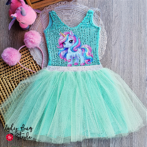 Conjunto Body Paete Unicórnio com Saia de Tule
