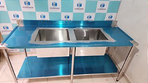 Mesa Pia Aço Inox Industrial C/ Paneleiro E Duas Cubas