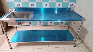 Mesa Pia Aço Inox Industrial C/ Paneleiro E Cuba