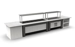 Linha Buffet Self Service aquecido 6 ou 12 cubas + buffet refrigerado 4 para 4 cubas + Módulo apoio de pratos e bandejas + módulo balança