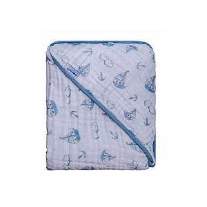 Toalha Com Capuz Estampada Baby Joy Azul 80cm x 80cm Barquinho Soft