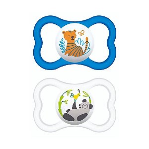 Kit 2 Chupetas Air MAM +6 Meses Azul Tigre e Panda Com Case