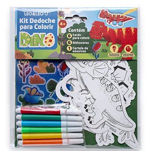 Kit Dedoche Para Colorir Dino 6 Cards, Canetas E Adesivos