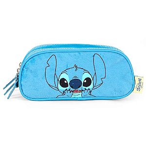 Estojo Triplo Escolar Stitch Luxcel Pelúcia Azul