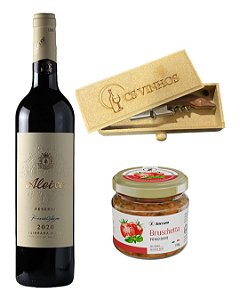 Kit Especial Vinho Aleixo Garcia Reserva Tinto + Saca Rolhas de Madeira com estojo de madeira + Bruschetta Pomodoro 110g