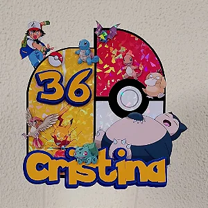 Topo de bolo em camadas 3D Pokémon com nome e idade - Com laminação