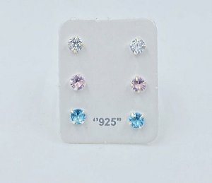 TRIO REDONDO 3MM CRISTAL, ROSA E AZUL - Prata 925