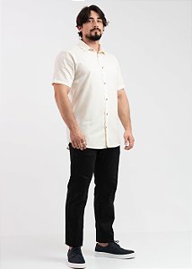 Camisa Social Manga Curta Pataloo Botão de Coco Linho Natural