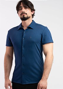 Camisa Social Pataloo Manga Curta Algodão Azul Marinho Slim