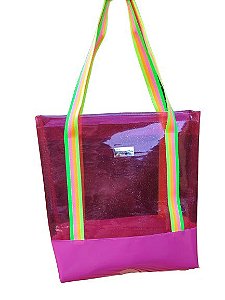 Bolsa Praia Pink com alça de listras neon