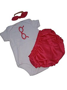 Traje body com aplique óculos e tapa fralda pink