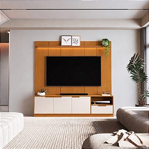 Bancada Tucumã + Painel Slim c/Prateleira e Led 1.80m 55″ – Nature/Off White