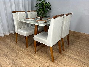 Mesa de Jantar Bali 90×90 Com 4 Cadeiras Isa – Cinamomo/Off White/Bege Veludo