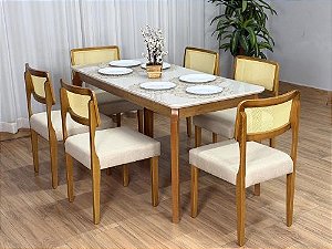 Mesa de Jantar Alegra c/Vidro 1.60×0.80 c/6 Cadeiras Fortaleza – Cinamomo/Off White/Bege Linho