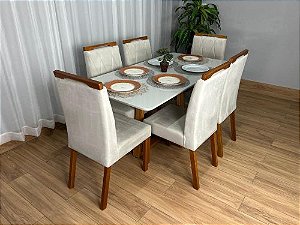 Mesa de Jantar Bali 1.60×0.80 Com 6 Cadeiras Isa – Cinamomo/Off White/Bege Veludo