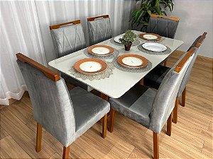 Mesa de Jantar Bali 1.60×0.80 Com 6 Cadeiras Isa – Cinamomo/Off White/Cinza Veludo