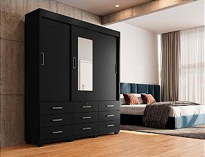 Guarda-Roupa Itapema II 3 portas de correr com espelho 9 gavetas- Preto