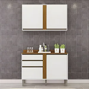 Balcão Pérola Branco/Cinamomo 2 Portas e 2 Gavetas Larg 1.20m + Aéreo Pérola 2 Portas Branco/Cinamomo Larg. 1.20m - Sallêto
