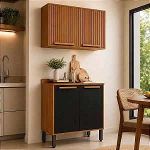 Balcão Cozinha Flórida Cinamomo/Preto Larg.0.80m + Aéreo 2 Portas Ripado Cozinha Florida Cinamomo Larg. 0.80m - Sallêto