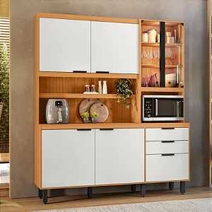 Kit Cozinha Murano Larg. 1.82m Freijó/Off White 7 Portas 2 Gavetas e Iluminação em LED - Poliman