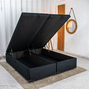 Base Box Baú Queen Bipartido Confort Sued Preto Blindado 158x198x45 cm - Issacar
