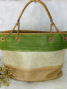 Bolsa Feminina de Praia em Palha Tricolor com Alça Corrente – Leveza e Estilo Natural