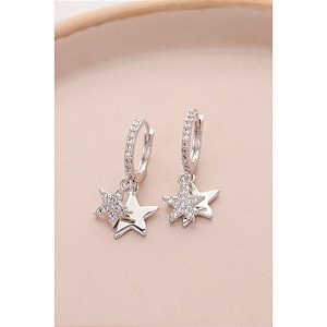 Brinco Argola Banho em Ródio 10mm meia Cravação Duas Estrelas Pendurada Lisa e Cravejada