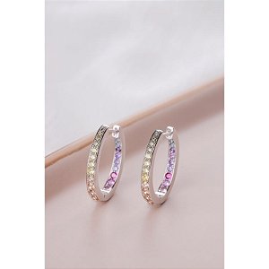 Brinco Argola Banho em Ródio Oval 15mm com Cravação Interna Rainbow