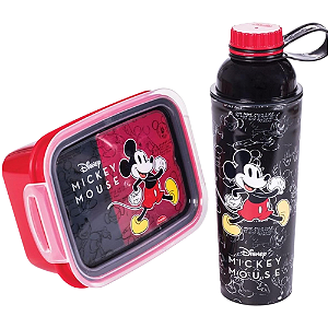 Kit Marmita Mickey Pote Hermético 2 Divisórias + Garrafa Grande