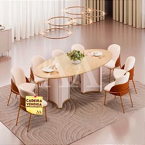 MESA DJ LIZ 218X108 TAMPO ORGANICO C/VIDRO OFF WHITE/DOURADO