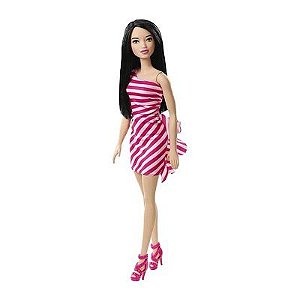 Boneca Barbie - Glitter Morena Vestido Listrado Vermelho - T7580 - Mattel
