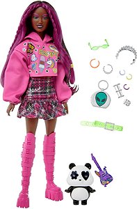 Barbie Extra - n° 19 Negra - Cabelo com Mechas Saia Xadrez e Panda - GRN27 - Mattel
