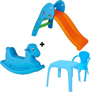Combo - Escorregador Homeplay  + Gangorra  Cavalo Azul Homeplay +  Mesa e Cadeira Azul
