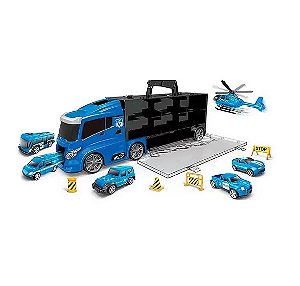 Express Wheels Caminhão Maleta C/ Carrinhos Polícia - Azul - BR1842 - Multikids