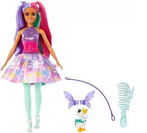 Boneca Barbie e Pet - Toque De Mágica - Cabelo Rosa E Roxo - HLC34 - Mattel