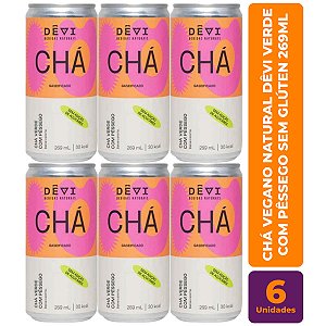 R$11,49 CADA UN - Pack com 6 Chás Vegano Natural DÊVI Verde com Pêssego Gaseificado 269ml