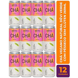 R$10,49 CADA UN - Pack com 12 Chás Vegano Natural DÊVI Verde com Pêssego Gaseificado 269ml