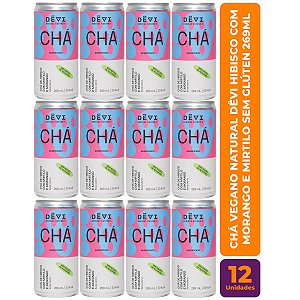R$10,49 CADA UN - Pack com 12 Chás Vegano Natural DÊVI Hibisco com Morango e Mirtilo Gaseificado 269ml