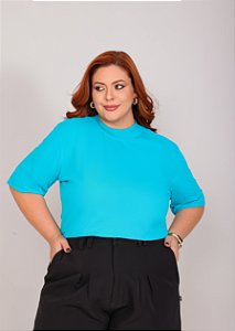 BLUSA GOLA ALTA PLUS SIZE BÁSICA - AZUL TURQUESA