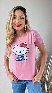TSHIRT NO ALGODÃO GOLA NA RIBANA HELLO KITTY - ROSA IORGUTE