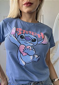 TSHIRT NO ALGODÃO GOLA NA RIBANA STITCH - AZUL JEANS
