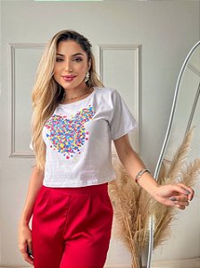 CROPPED ALGODÃO GOLA NA RIBANA MK CABEÇA CORAÇÕES COLORS -BRANCA
