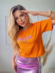 CROPPED ALGODÃO GOLA NA RIBANA AMOUR PARIS LANTEJOULAS-LARANJA