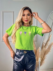 CROPPED ALGODÃO GOLA NA RIBANA SORVETES APLICAÇÃO EM CROCHÊ - VERDE LIMA