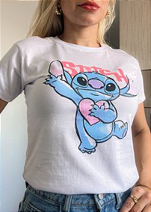 TSHIRT NO ALGODÃO GOLA NA RIBANA STITCH CORAÇÃO- BRANCA