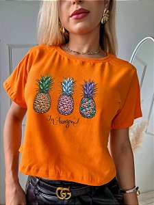 CROPPED ALGODÃO GOLA NA RIBANA TRÊS ABACAXIS- LARANJA