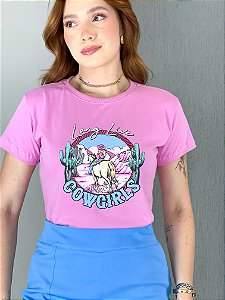 TSHIRT NO ALGODÃO GOLA NA RIBANA LONG LIVE COWGIRLS - ROSA IORGUTE